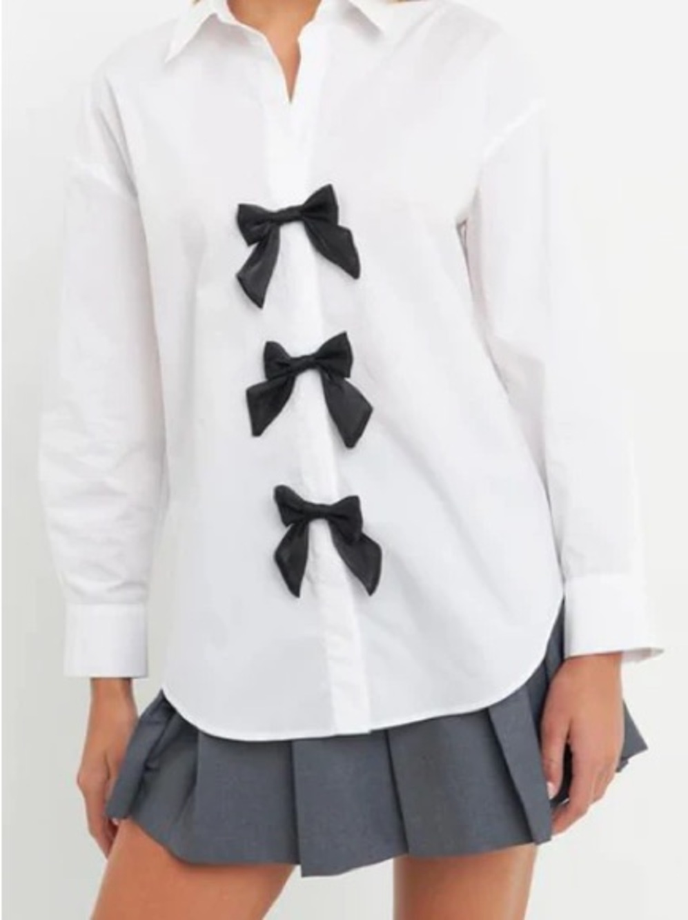 English Factory White Button-Front Shirt with Black Bow Detail